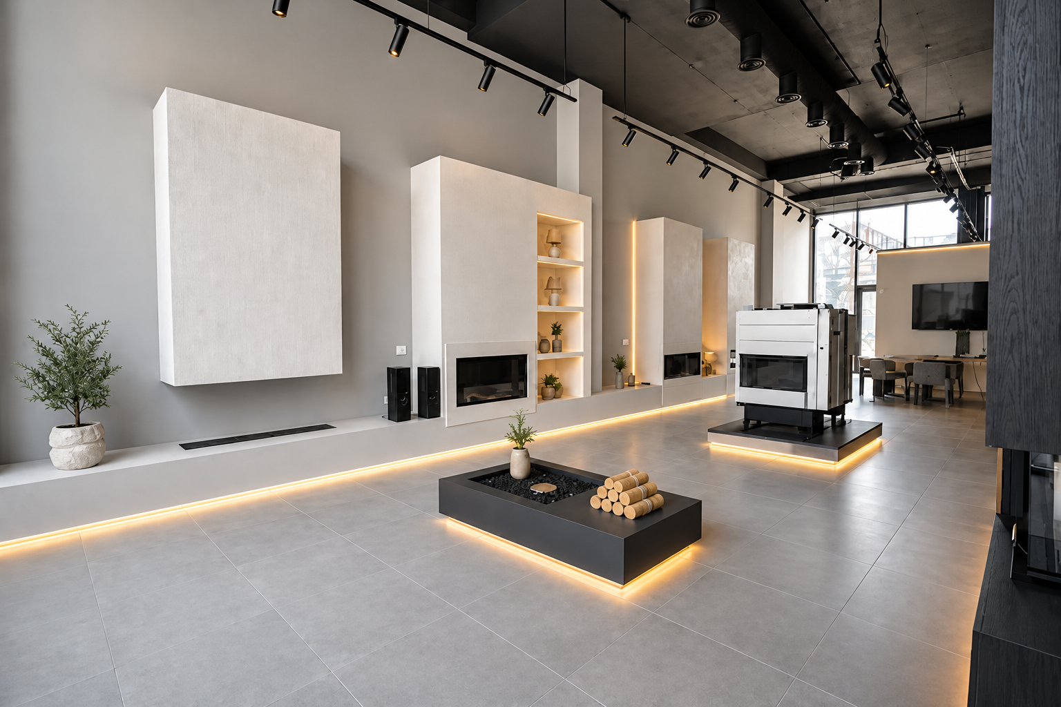 Pamje e brendshme e showroom-it Venthermo me oxhaqet e ekspozuara